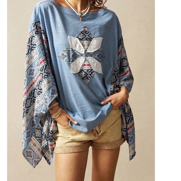 Boho Blue Tribal Geo Print Batwing Sleeve Poncho Top - Picture 2 of 6